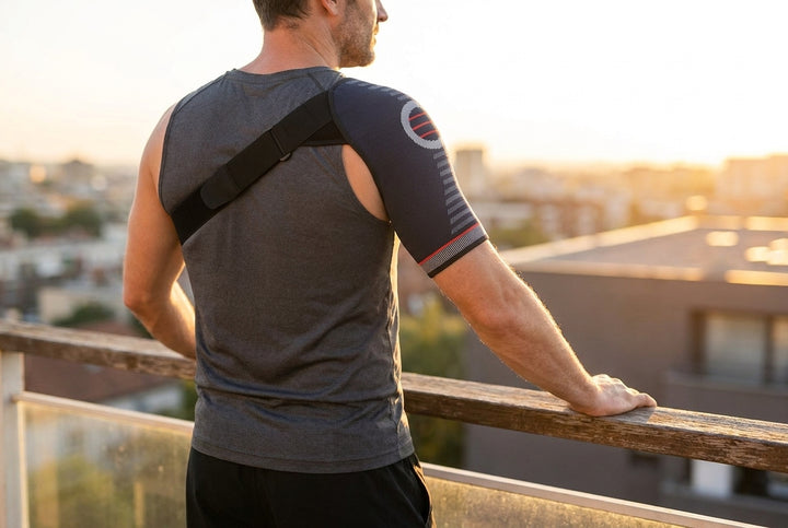Man wearing the navy shoulder support sleeve seen from behind