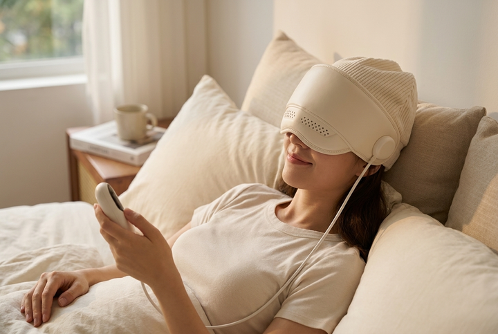 Woman wearing the head massager resting on her bed