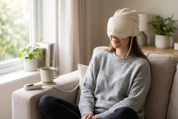 Woman using the head massager on the sofa with a cup of tea