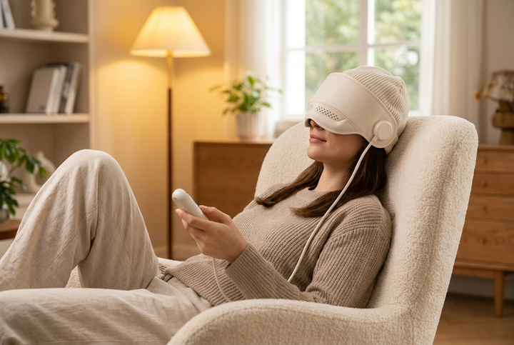 Woman wearing the head massager in an armchair