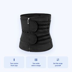 Two centre front zips and two velcro straps