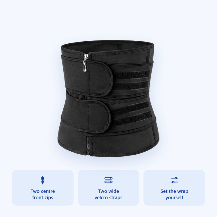 Two centre front zips and two velcro straps