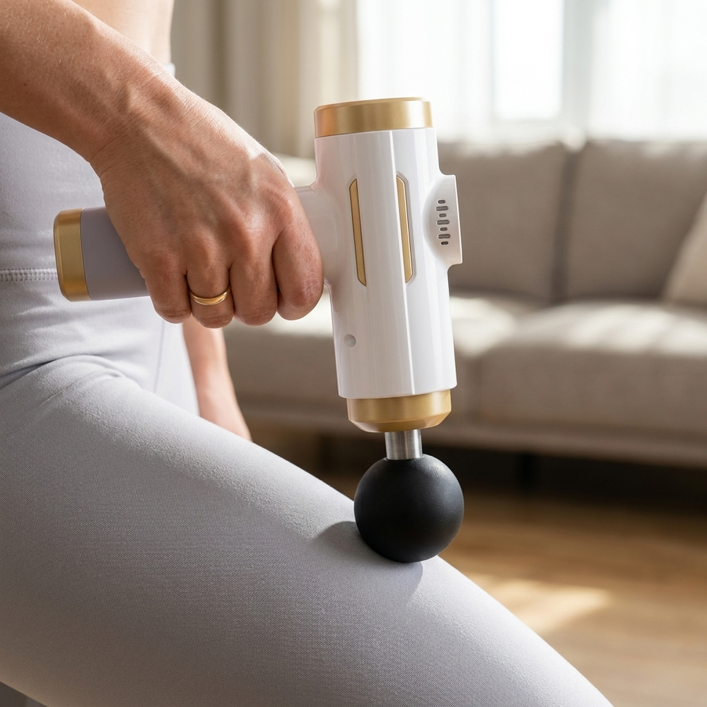 Woman using the mini massage gun on her thigh