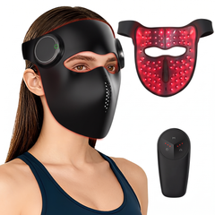 Black rigid red light LED face mask shown on its own
