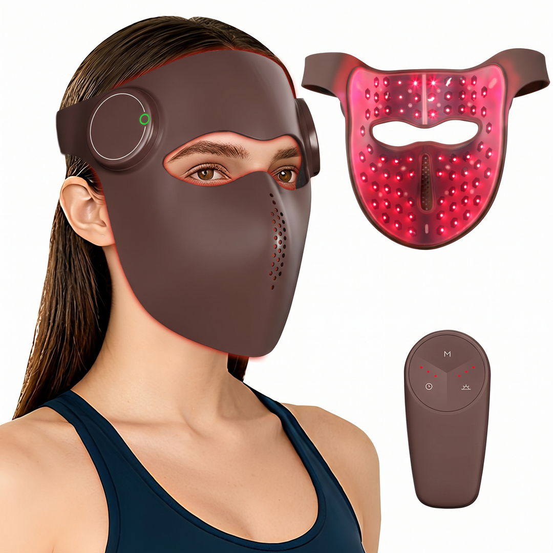 Brown rigid red light LED face mask shown on its own