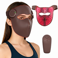 Brown rigid red light LED face mask shown on its own
