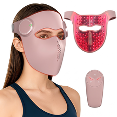 Pink rigid red light LED face mask shown on its own