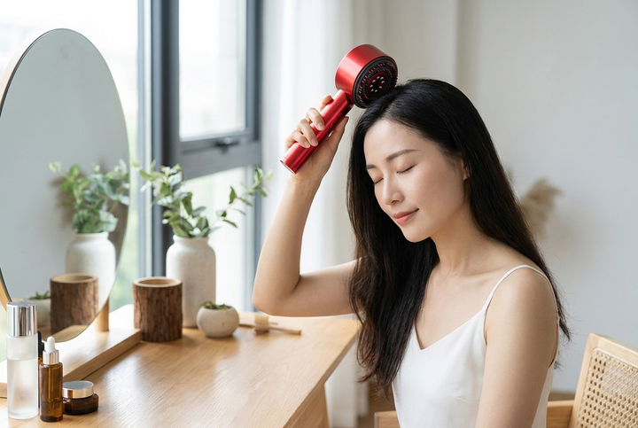 Woman using the scalp massage comb at her dressing table