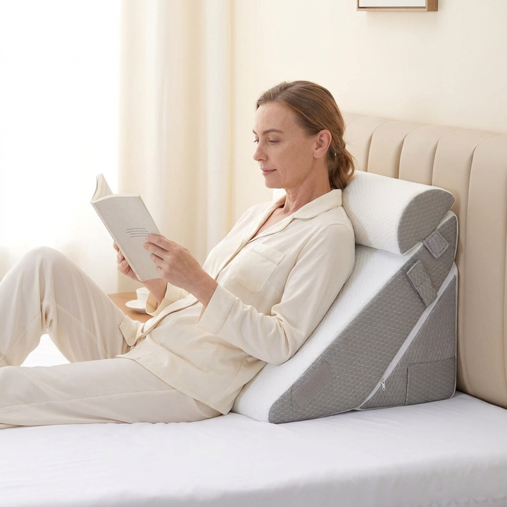 Sitting up in bed against the bed wedge pillow