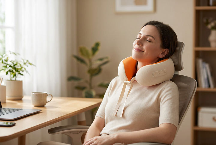 Woman wearing the U-shaped neck massager at her desk