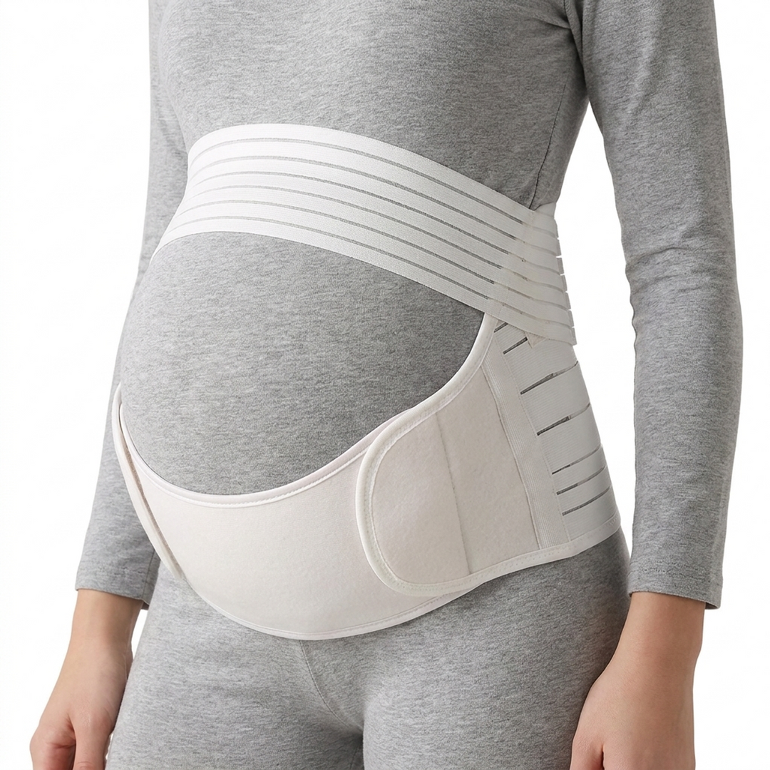 Breathable pregnancy support belt in white worn over clothing