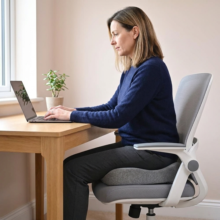 Coccyx cushion on an office desk chair while working at a laptop