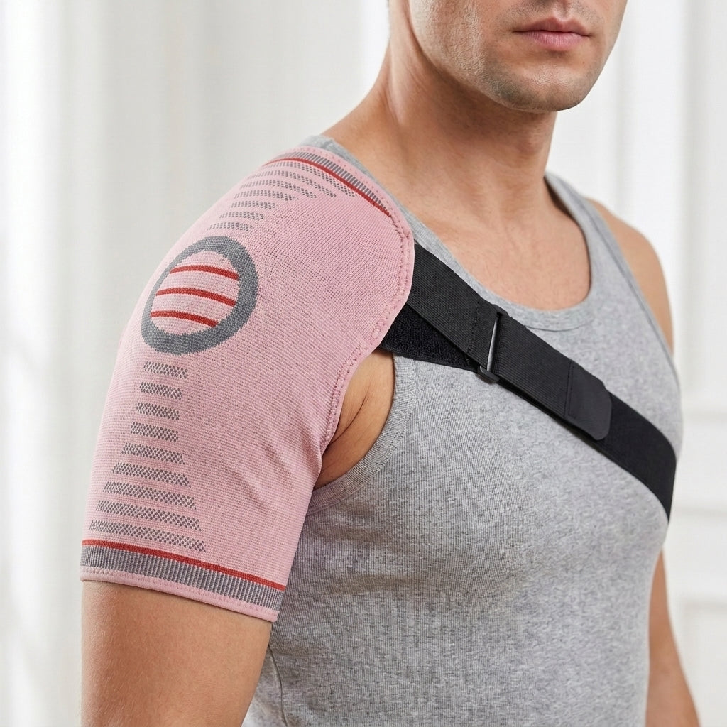 Single Shoulder Support Sleeve with Adjustable Strap in pink worn