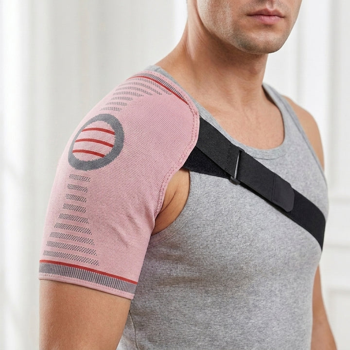 Single Shoulder Support Sleeve with Adjustable Strap in pink worn