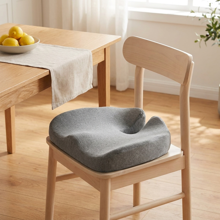 Memory foam seat cushion on a wooden dining chair in a bright kitchen