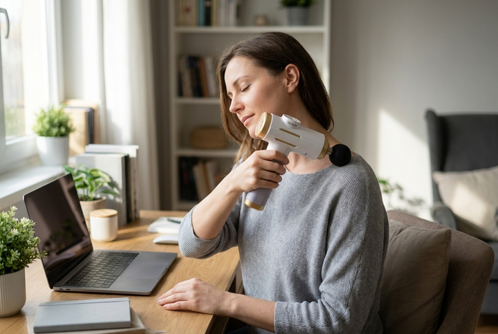 Woman using the mini massage gun on her shoulder at a desk