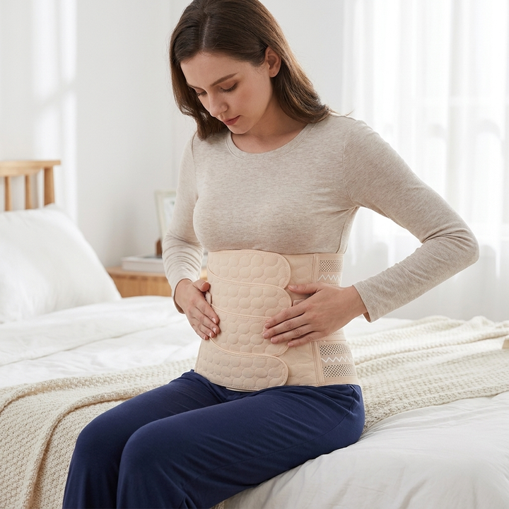 Woman at home pressing a flap of the belly band into place