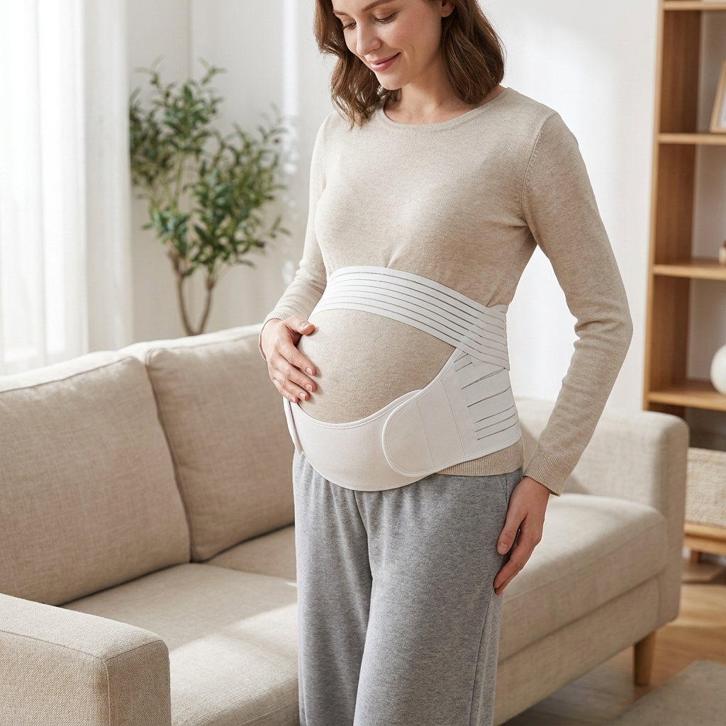 Pregnancy support belt worn over clothing at home