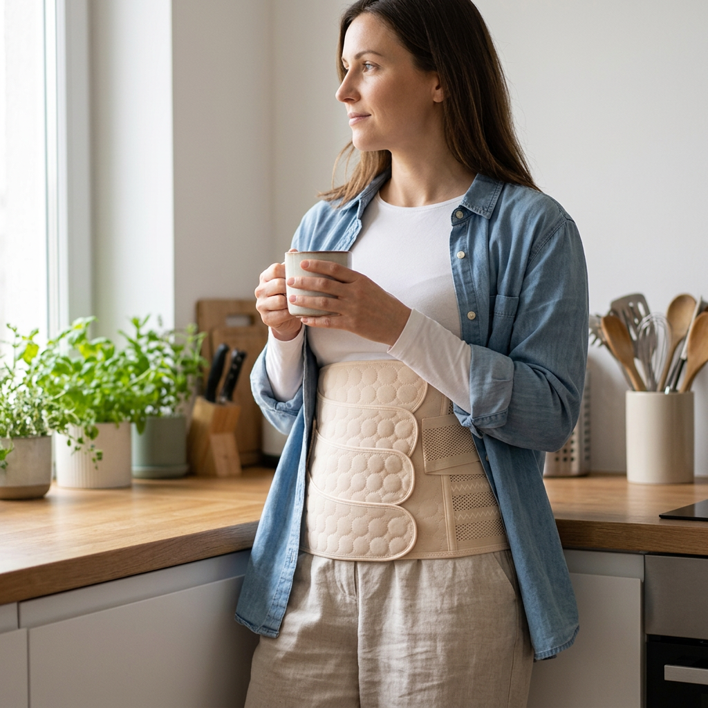 Belly band worn under an open shirt at home