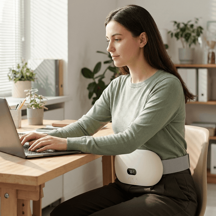 Cordless heated waist belt worn at a desk