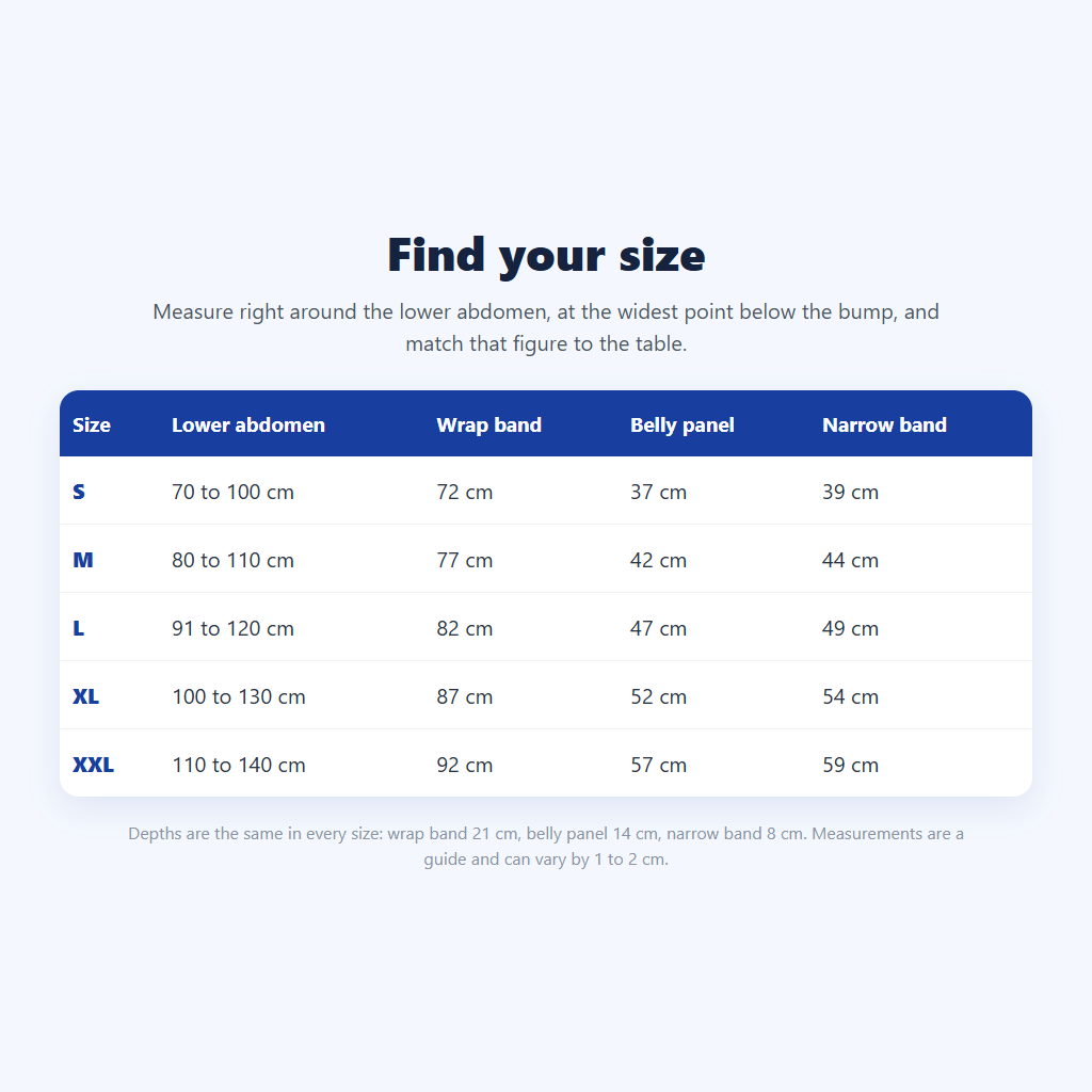 Size guide table for the maternity support belt