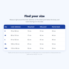 Size guide table for the maternity support belt