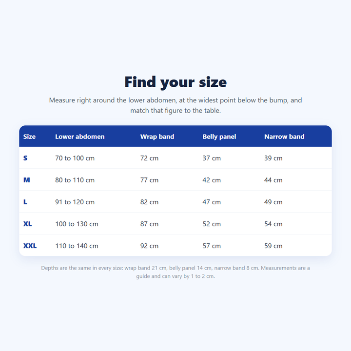 Size guide table for the maternity support belt