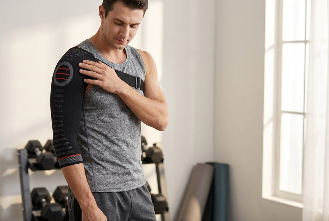 Man wearing the single shoulder support sleeve at the gym