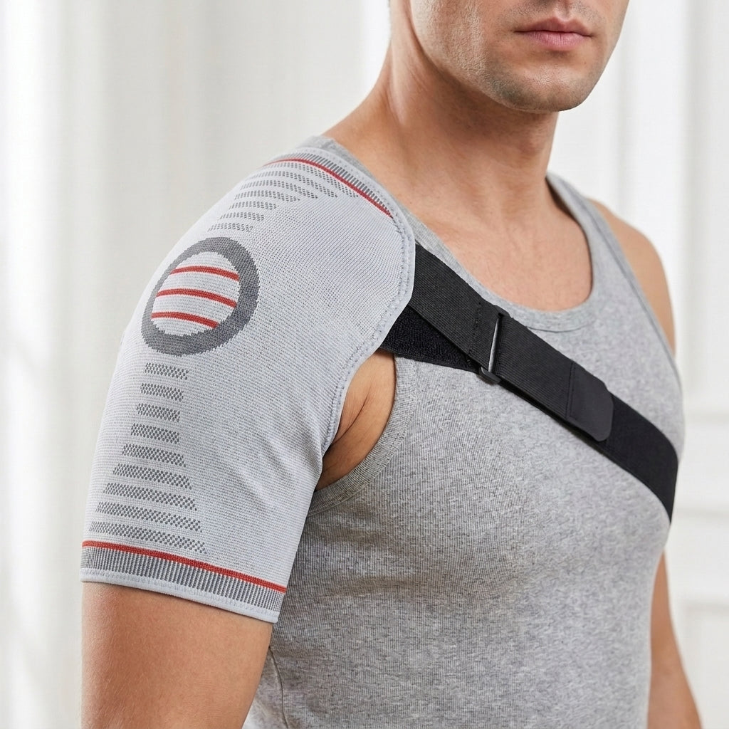 Single Shoulder Support Sleeve with Adjustable Strap in white worn
