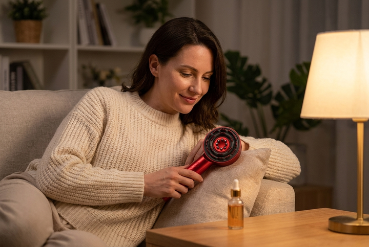 Woman relaxing on the sofa with the scalp massage comb
