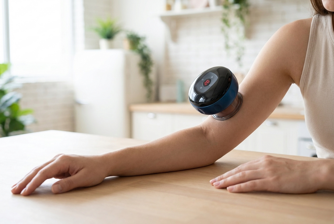 The electric cupping device held in place on the arm hands free
