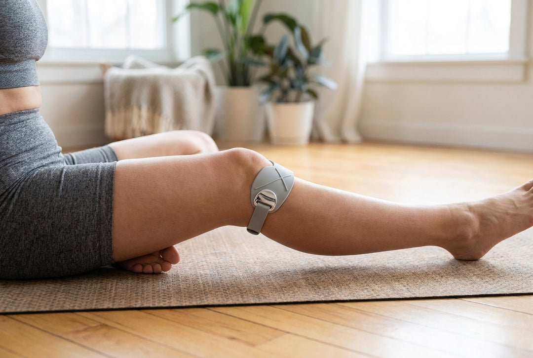 Patella band worn during a stretch on the floor