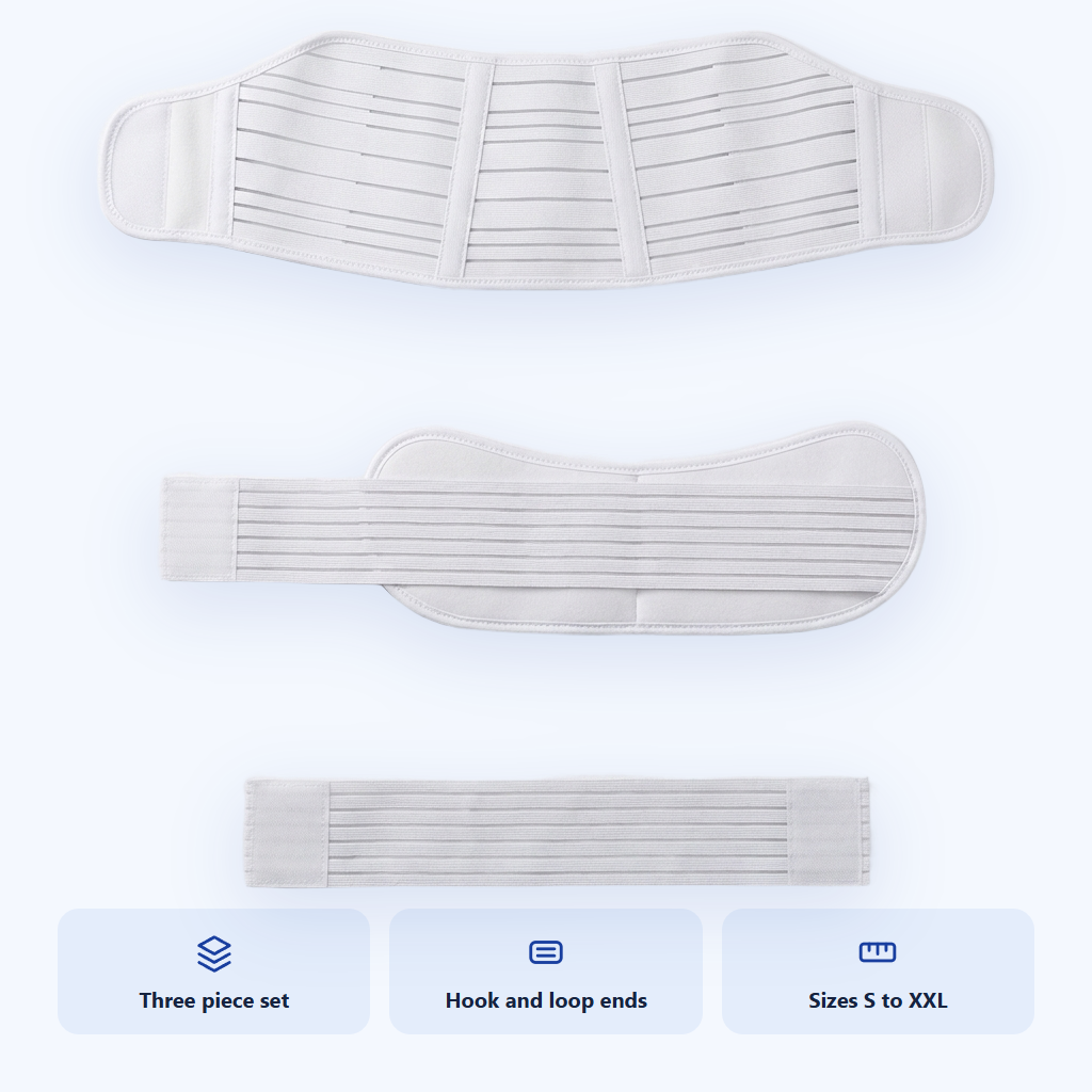 The three pieces of the maternity belt set laid out