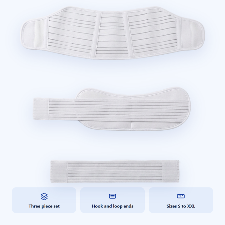 The three pieces of the maternity belt set laid out