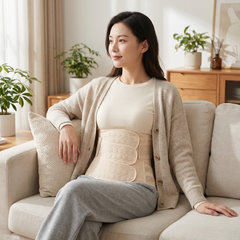 Postpartum belly band worn at home over a fitted top