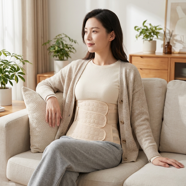 Postpartum belly band worn at home over a fitted top