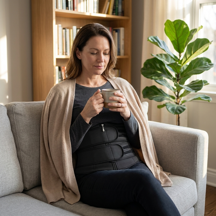 Ladies waist trainer worn under a cardigan at home