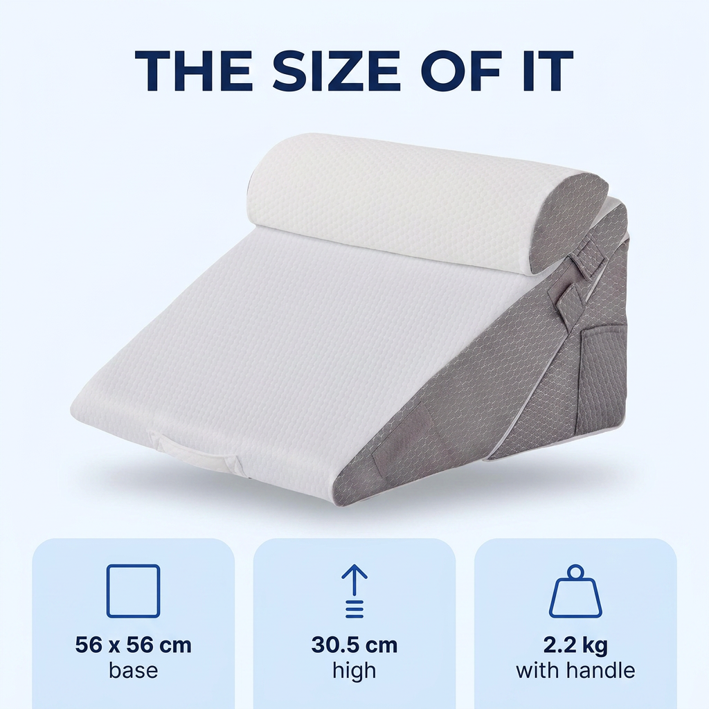 The bed wedge pillow measures 56 by 56 by 30.5 cm and weighs 2.2 kg