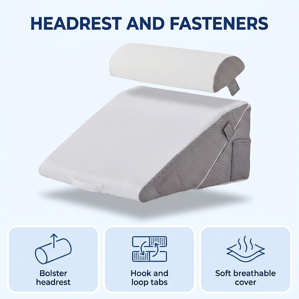 The detachable bolster headrest and hook and loop tabs on the wedge pillow