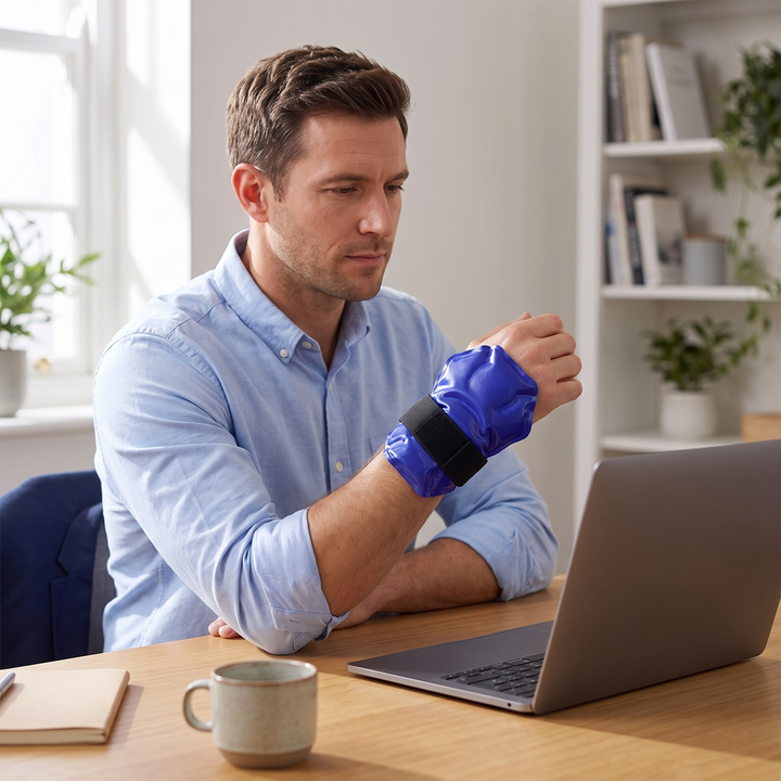 Gel ice pack wrapped around a wrist at a desk