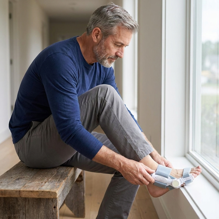Adjusting the dial on the toe splint by a window