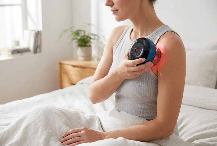 Woman using the electric cupping device on her shoulder