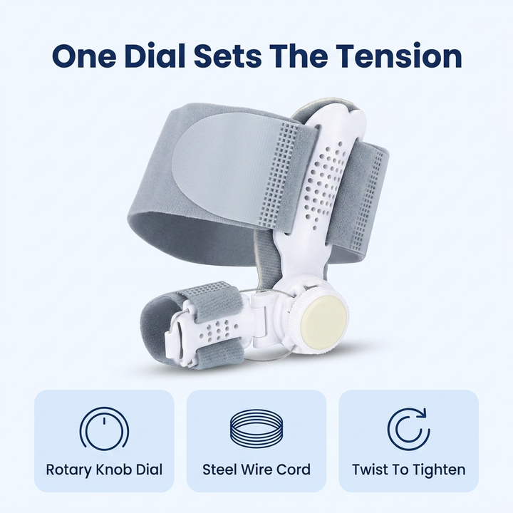 Rotary dial and steel cord on the toe splint