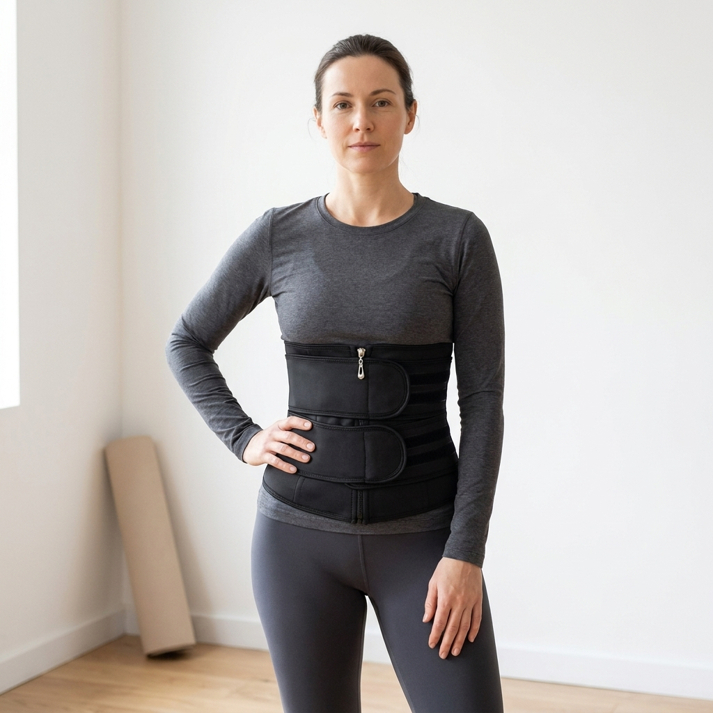 Women's waist trainer corset worn over a fitted top