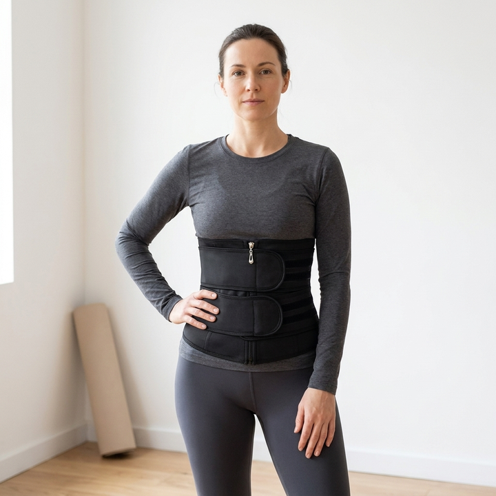 Women's waist trainer corset worn over a fitted top