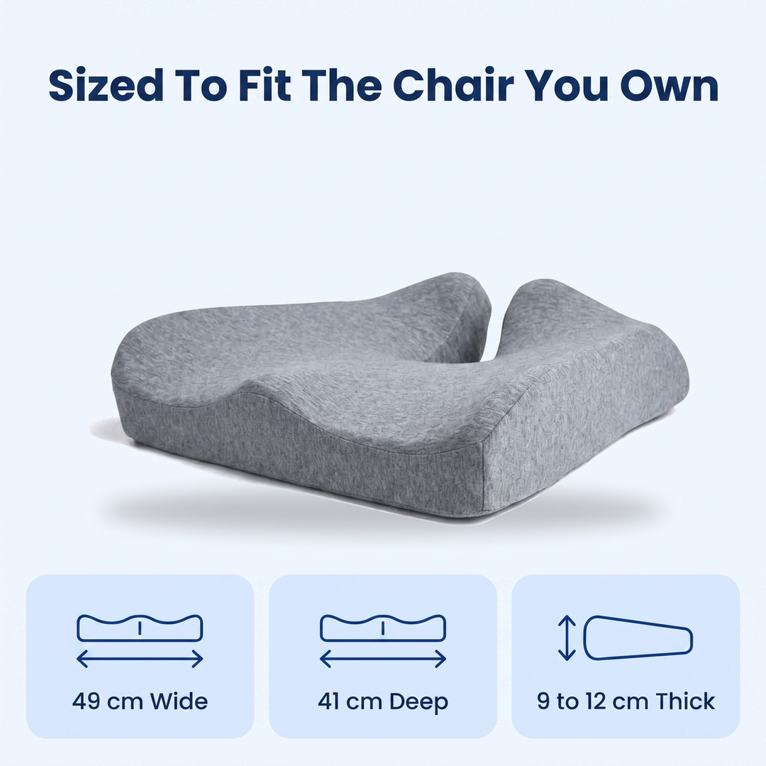 The coccyx cushion measures 49 cm wide by 41 cm deep and 9 to 12 cm high