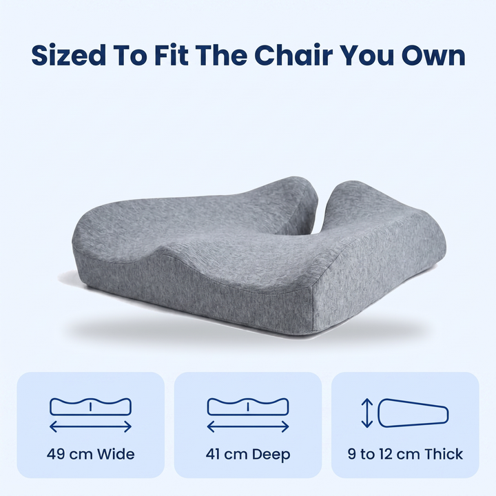 The coccyx cushion measures 49 cm wide by 41 cm deep and 9 to 12 cm high