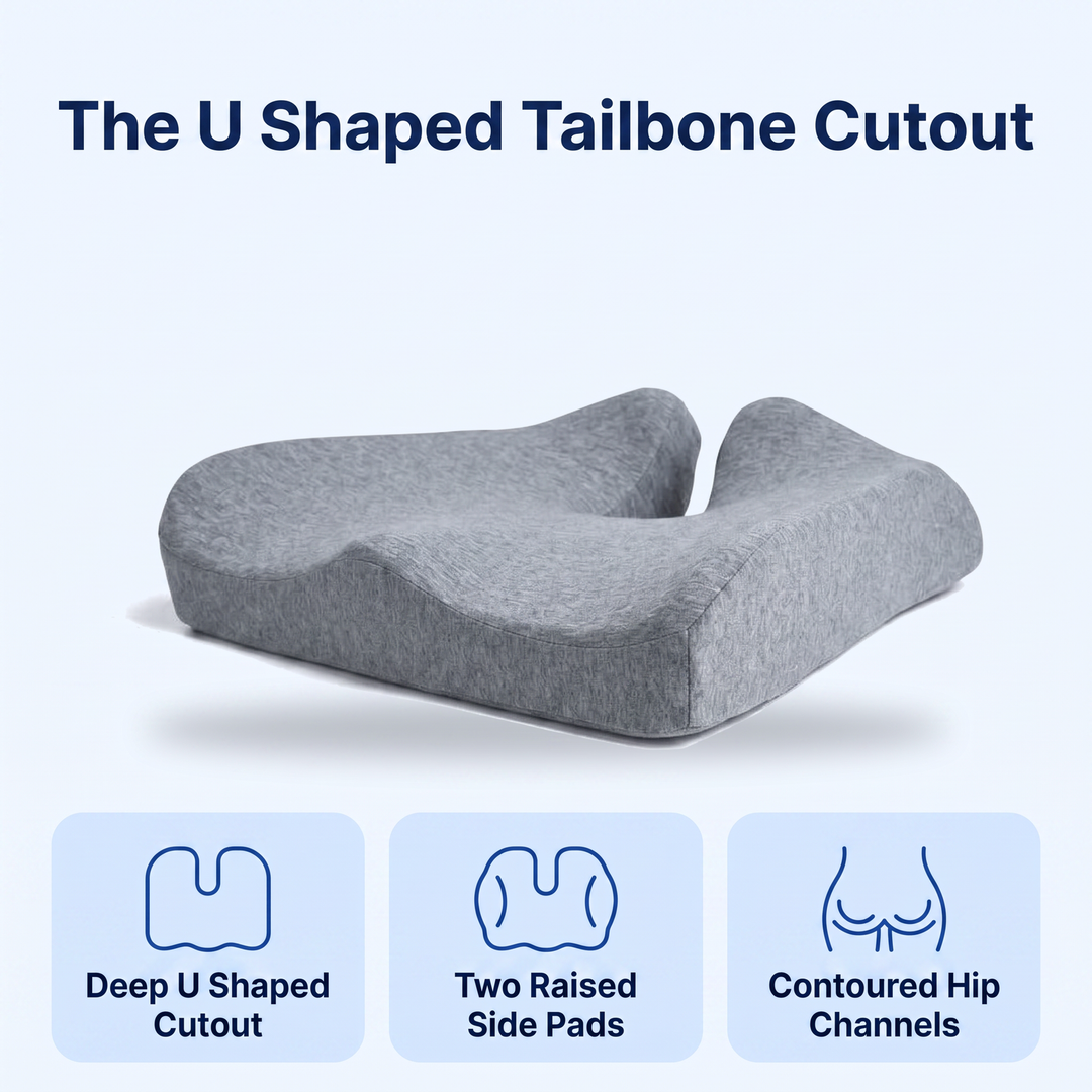 The deep U shaped tailbone cutout at the rear edge of the coccyx cushion