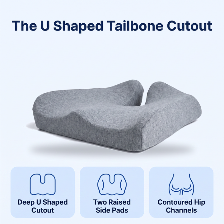 The deep U shaped tailbone cutout at the rear edge of the coccyx cushion