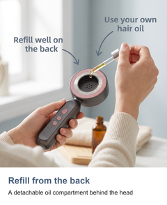 Hair oil being added to the refill well on the back of the massage head